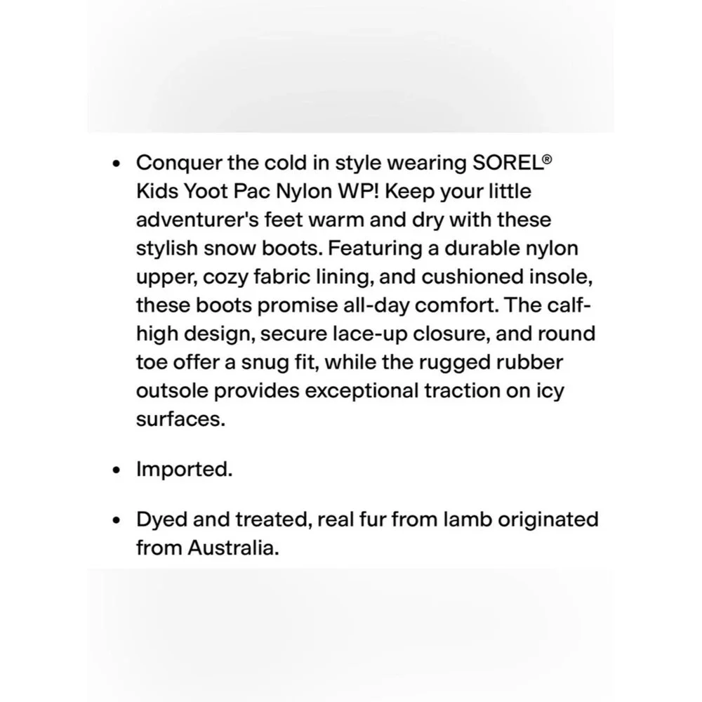 SOREL Kids Yoot Pac Nylon WP Waterproof Black Winter Snow Boots. Size 1.